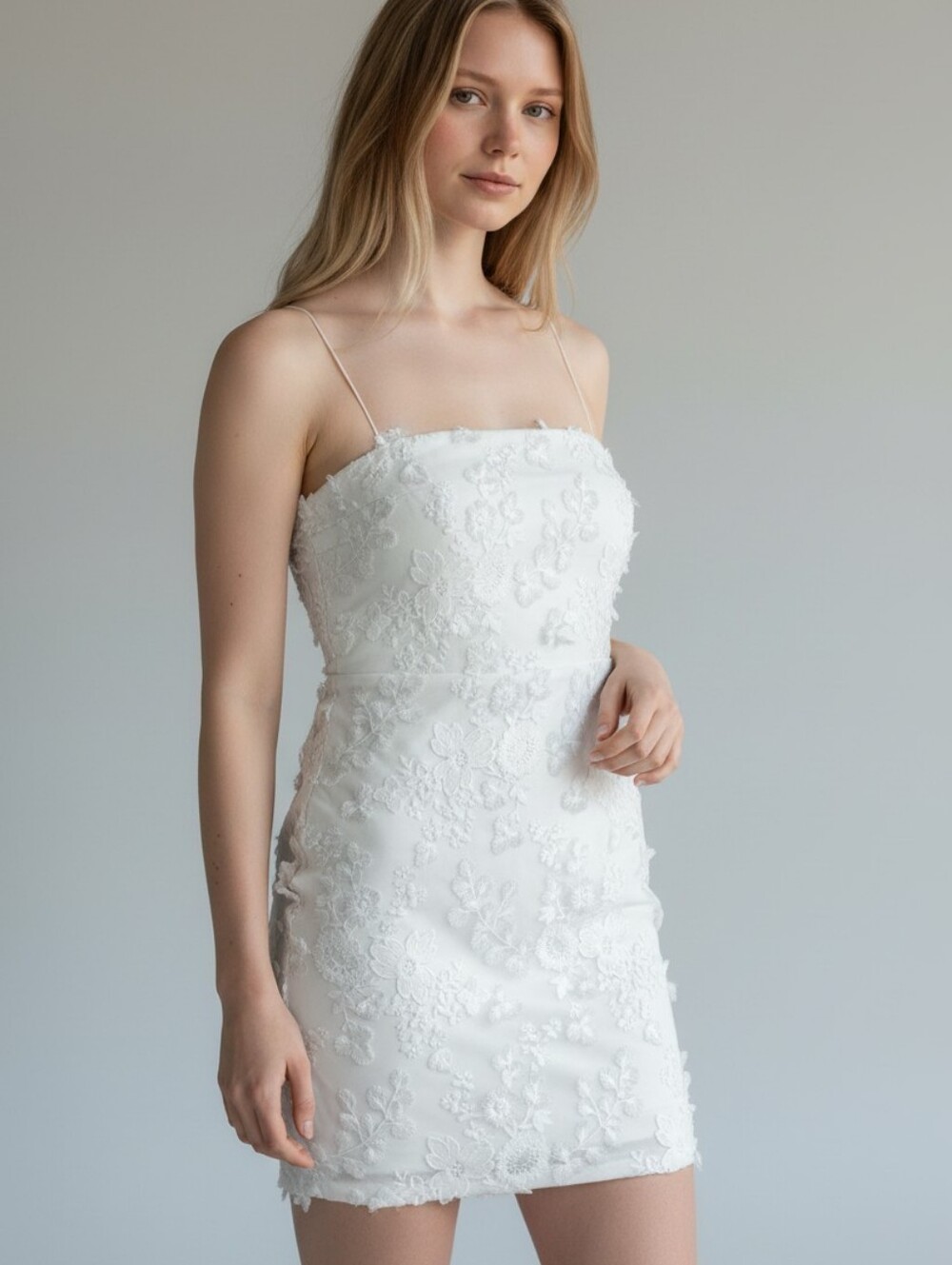Lena Cream Strapless 3D Floral Lace Appliqué Mini Dress